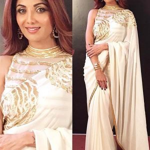 Shilpa Shetty Bollywood Inspired Georgette Beige Off-White Saree