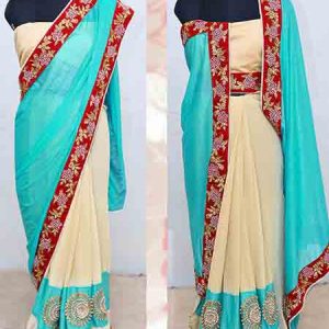 Firozi & Cream Fancy Doudrop Lycra Silk Georgette Banglory Silk Saree