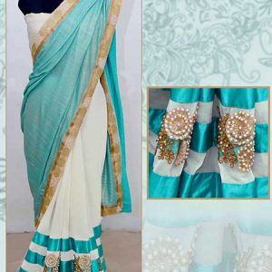 New Boutique Catalog Designer Powder Blue & White Color Saree