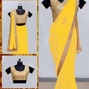 New Boutique Catalog Yellow Georgette With Raw Silk Blouse Saree