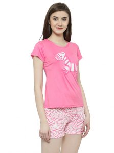 Pink Color Women Pink Printed Nightwear Top and Shorts Loungewear Set