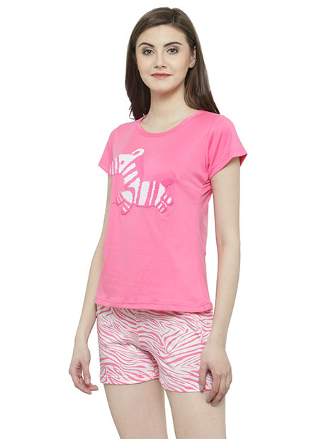 Pink Color Women Pink Printed Nightwear Top and Shorts Loungewear Set