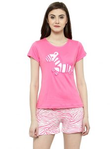 Pink Color Women Pink Printed Nightwear Top and Shorts Loungewear Set