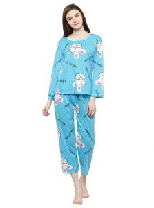 Blue Color Women Blue White Printed Nightwear Pajama Loungewear Set