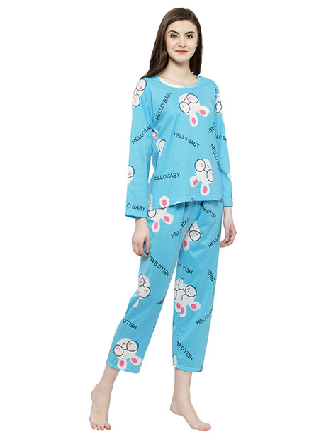 Blue Color Women Blue White Printed Nightwear Pajama Loungewear Set