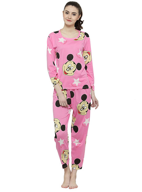 Pink Color Women Pink Black Printed Nightwear Pajama Loungewear Set
