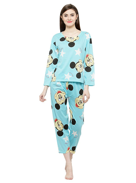 Blue Color Women Blue Black Printed Nightwear Pajama Loungewear Set