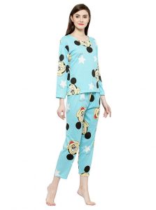 Blue Color Women Blue Black Printed Nightwear Pajama Loungewear Set