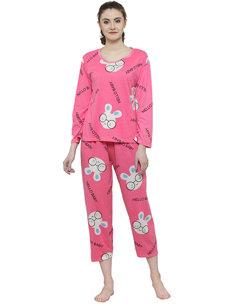 Pink Color Women Pink White Printed Nightwear Pajama Loungewear Set