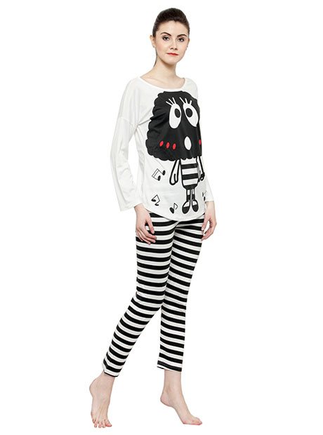 White Color Women Black White Printed Nightwear Pajama Loungewear Set