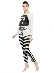 White Color Women Black White Printed Nightwear Pajama Loungewear Set