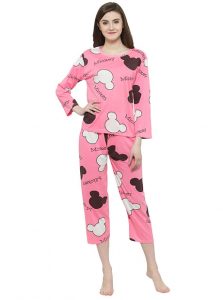 Pink Color Women Black Pink Printed Nightwear Pajama Loungewear Set