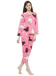 Pink Color Women Black Pink Printed Nightwear Pajama Loungewear Set