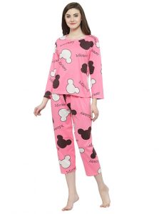 Pink Color Women Black Pink Printed Nightwear Pajama Loungewear Set