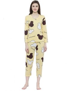 Yellow Color Women Yellow White Printed Nightwear Pajama Loungewear Set