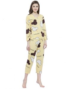 Yellow Color Women Yellow White Printed Nightwear Pajama Loungewear Set