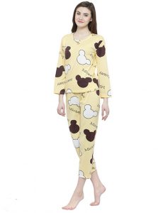 Yellow Color Women Yellow White Printed Nightwear Pajama Loungewear Set
