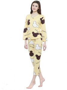 Yellow Color Women Yellow White Printed Nightwear Pajama Loungewear Set