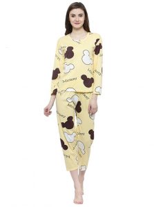 Yellow Color Women Yellow White Printed Nightwear Pajama Loungewear Set