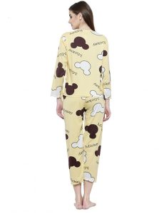 Yellow Color Women Yellow White Printed Nightwear Pajama Loungewear Set