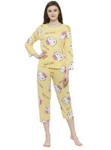 Yellow Color Women Printed Nightwear Pajama Loungewear Set