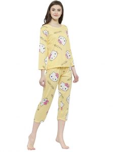 Yellow Color Women Printed Nightwear Pajama Loungewear Set