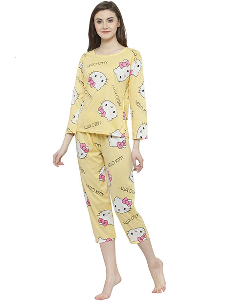 Yellow Color Women Printed Nightwear Pajama Loungewear Set