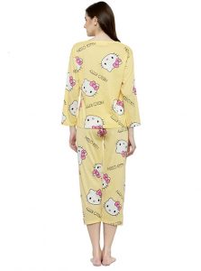 Yellow Color Women Printed Nightwear Pajama Loungewear Set