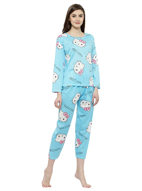 Blue Color Women Blue Pink Printed Nightwear Pajama Loungewear Set
