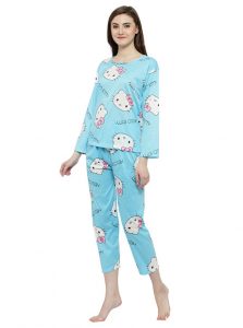 Blue Color Women Blue Pink Printed Nightwear Pajama Loungewear Set