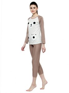 Brown Color Women Brown White Printed Nightwear Pajama Loungewear Set