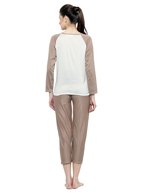 Brown Color Women Brown White Printed Nightwear Pajama Loungewear Set