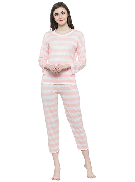 White Color Women White Pink Printed Nightwear Pajama Loungewear Set