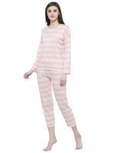 White Color Women White Pink Printed Nightwear Pajama Loungewear Set