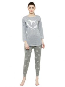 Grey Color Women Grey White Printed Nightwear Pajama Loungewear Set