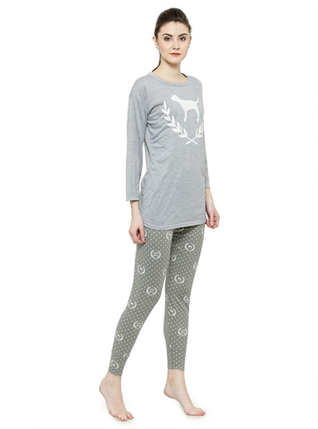 Grey Color Women Grey White Printed Nightwear Pajama Loungewear Set
