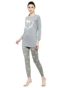 Grey Color Women Grey White Printed Nightwear Pajama Loungewear Set