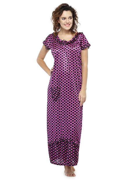 Purple Color Women'S Polka Dot Long Nighty