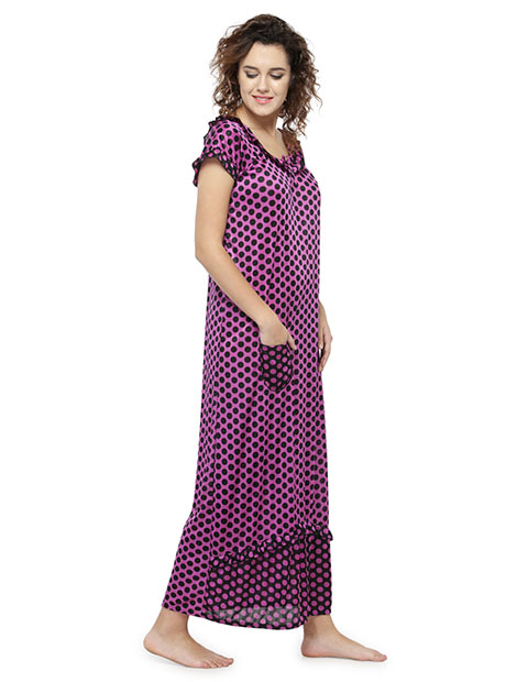 Purple Color Women'S Polka Dot Long Nighty