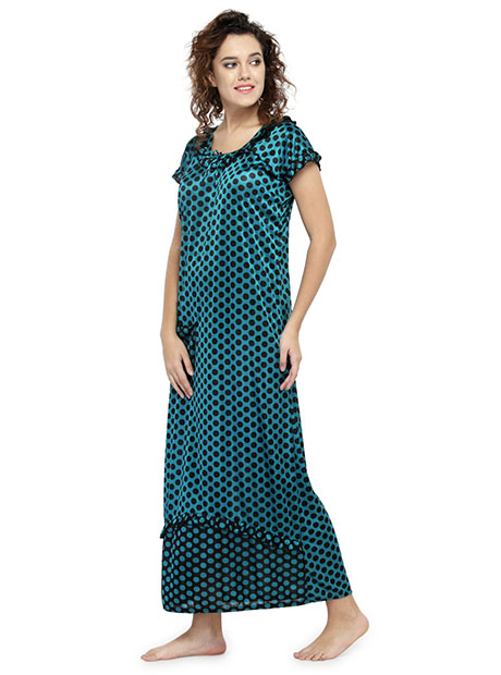 Green Color Women'S Polka Dot Long Nighty