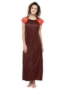 Red Color Women'S Long Night Gown For Women with Polka Dot Print