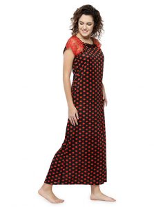 Red Color Women'S Long Night Gown For Women with Polka Dot Print
