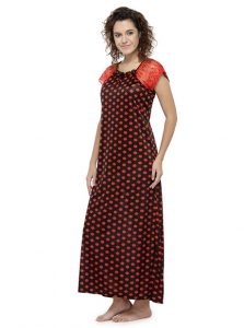 Red Color Women'S Long Night Gown For Women with Polka Dot Print