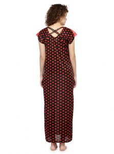 Red Color Women'S Long Night Gown For Women with Polka Dot Print