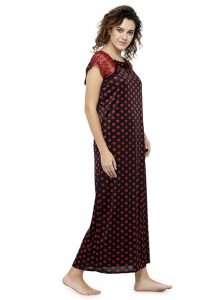 Maroon Color Women'S Long Night Gown For Women with Polka Dot Print