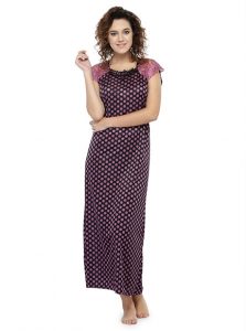 Purple Color Women'S Long Night Gown For Women with Polka Dot Print