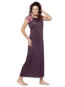 Purple Color Women'S Long Night Gown For Women with Polka Dot Print