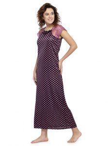 Purple Color Women'S Long Night Gown For Women with Polka Dot Print