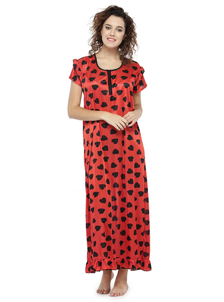 Red Color Women Printed Maxi Nightdress 