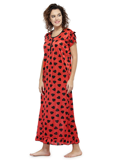 Red Color Women Printed Maxi Nightdress 